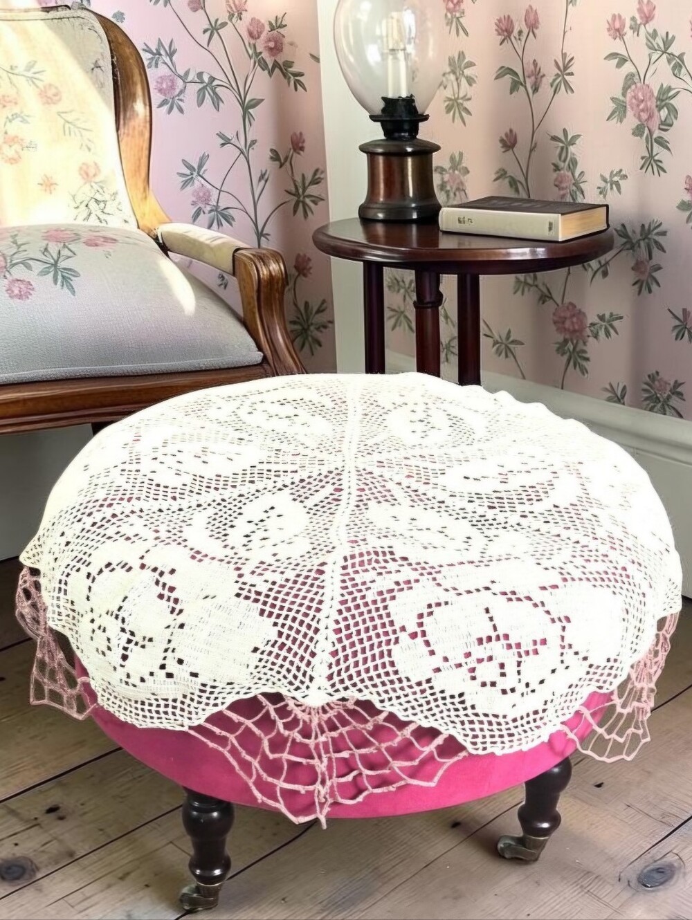 Small Handcrocheted Tablecloth White w Mauve Pink Edges Cottagecore. Shabby Chic
